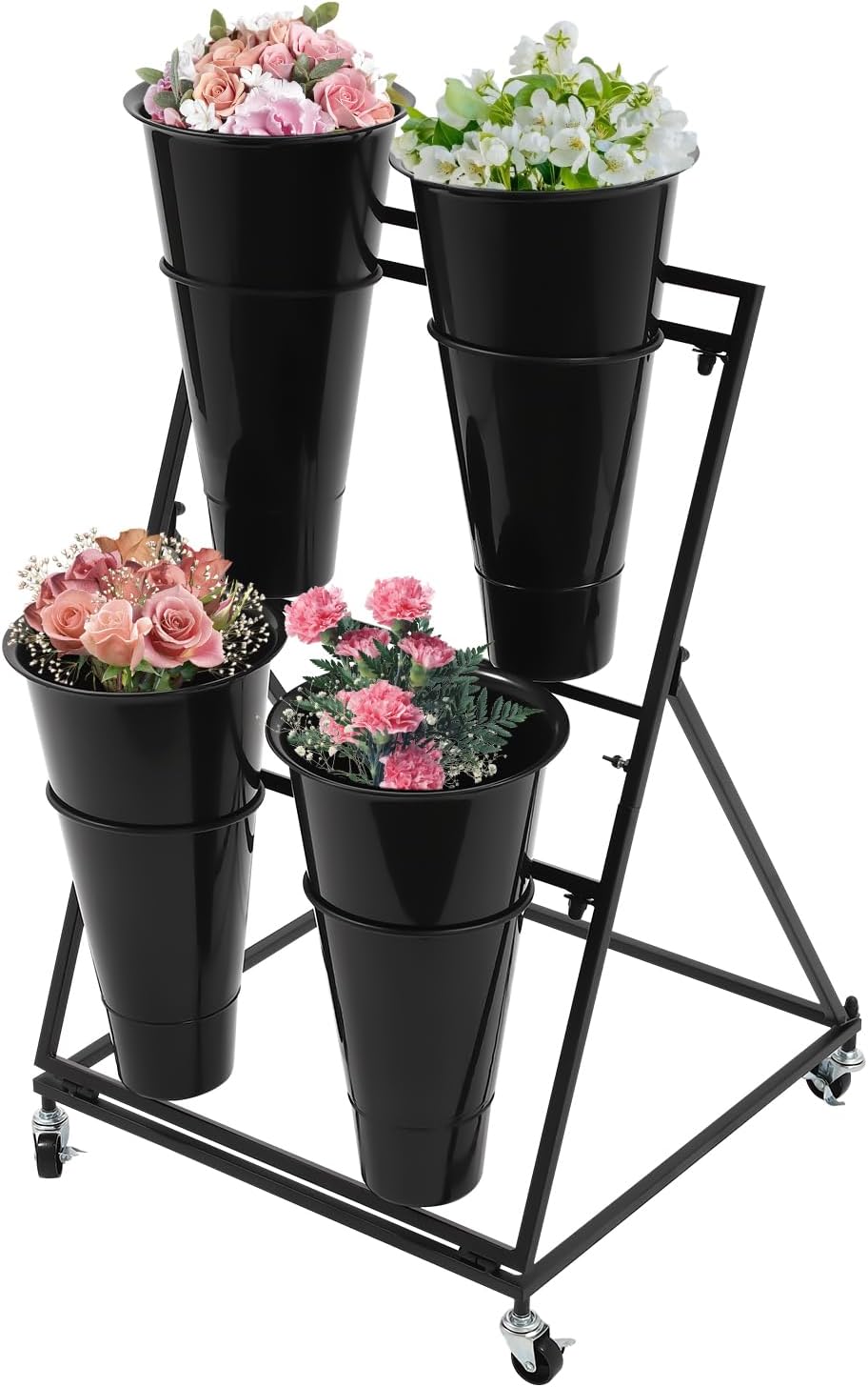 2-Tier Flower Display Stand with 4 Buckets & Wheels, Black Metal Rolling ...