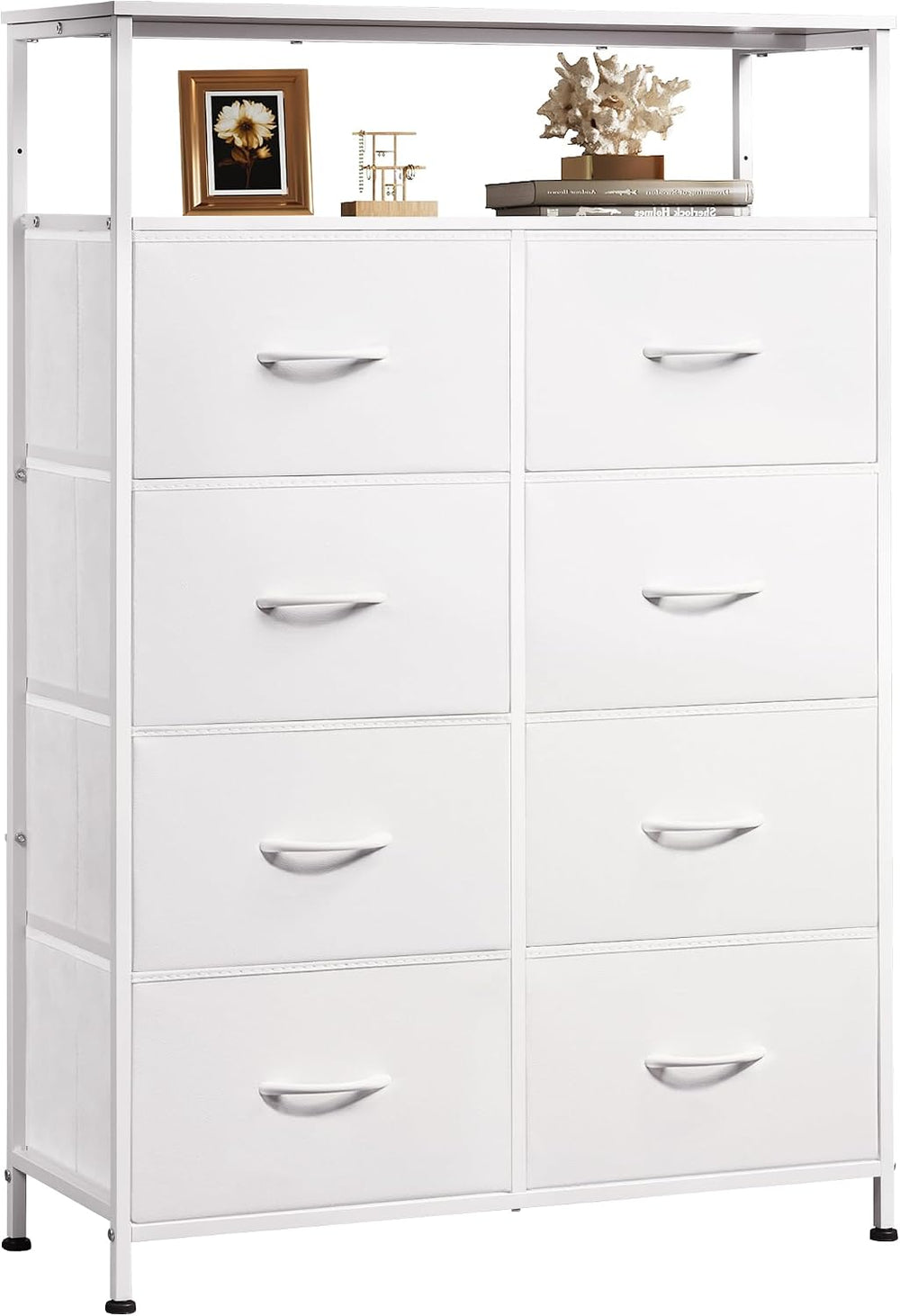 WLIVE 8 Drawer White Fabric Dresser Open Shelves,Tall Storage Tower