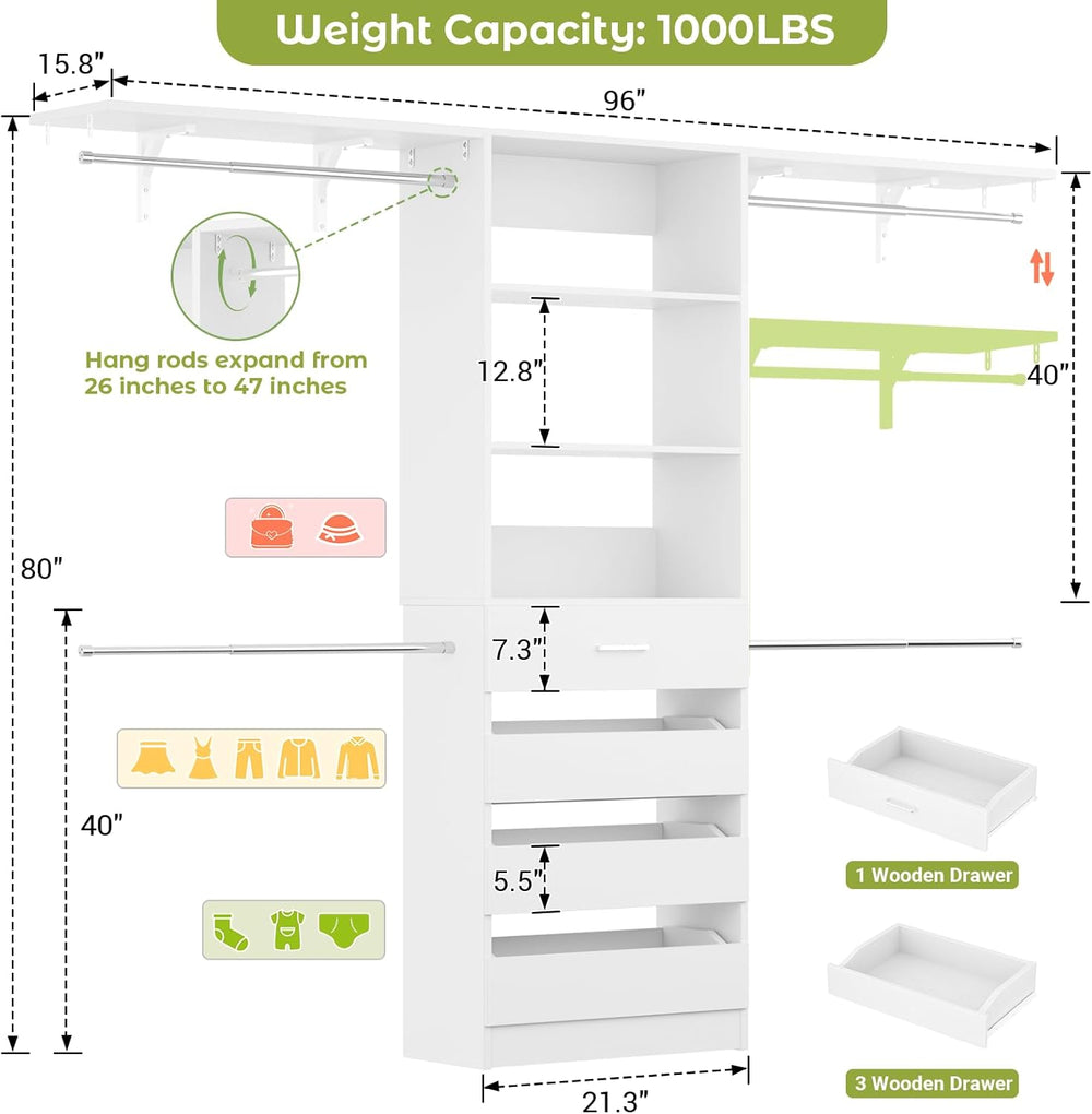 Aheaplus Closet System, Wood Closet Organizer System with Drawers, White