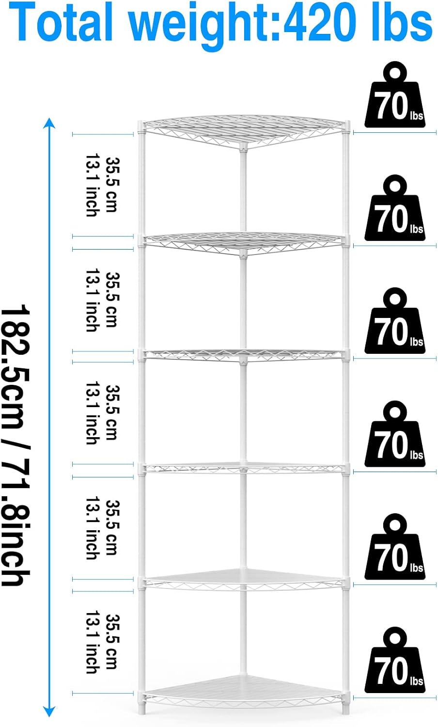 NSF 6-Tier Metal Corner Shelf Wire Shelving Unit - 420 lbs Capacity, Adjustab...