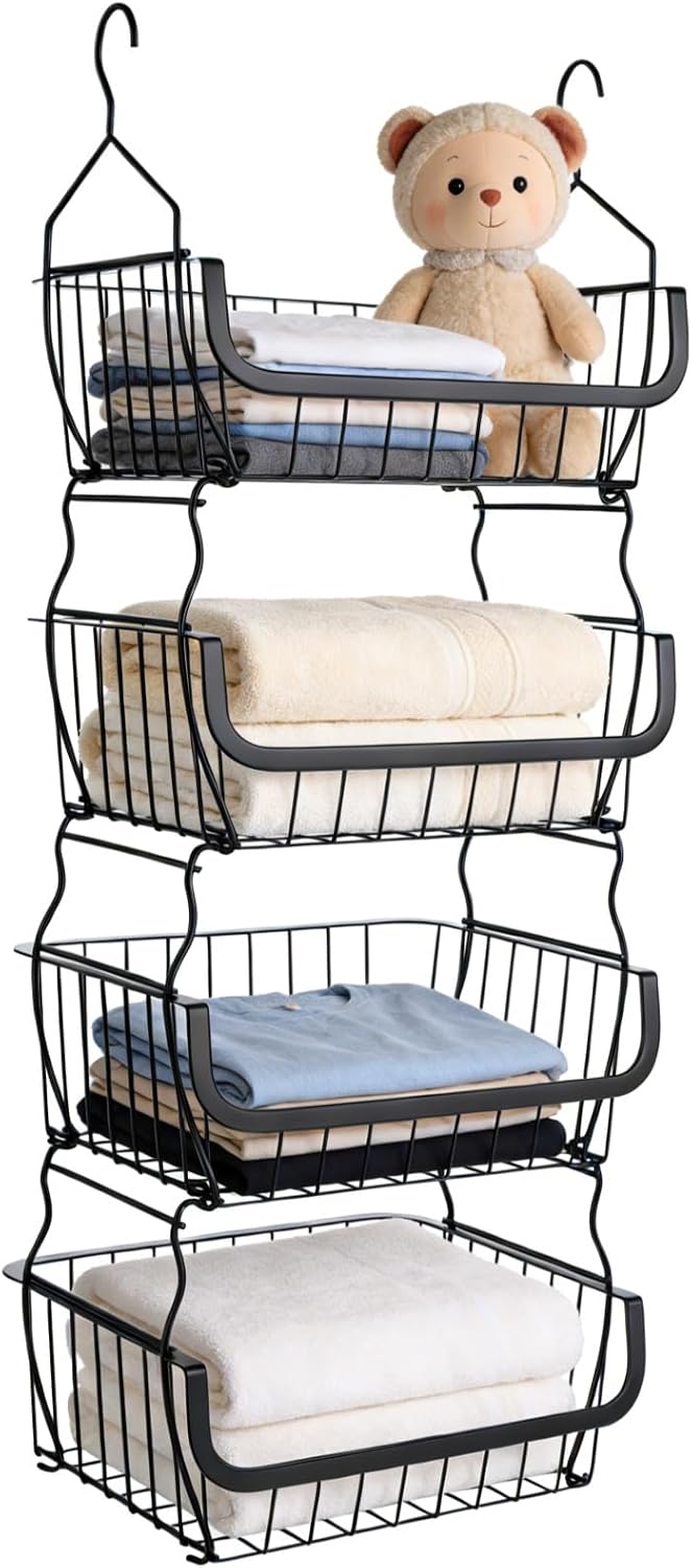 4 Tier Hanging Closet Organizer, 36.2 x 15 x 11 in Carbon Metal Hanging Stora...