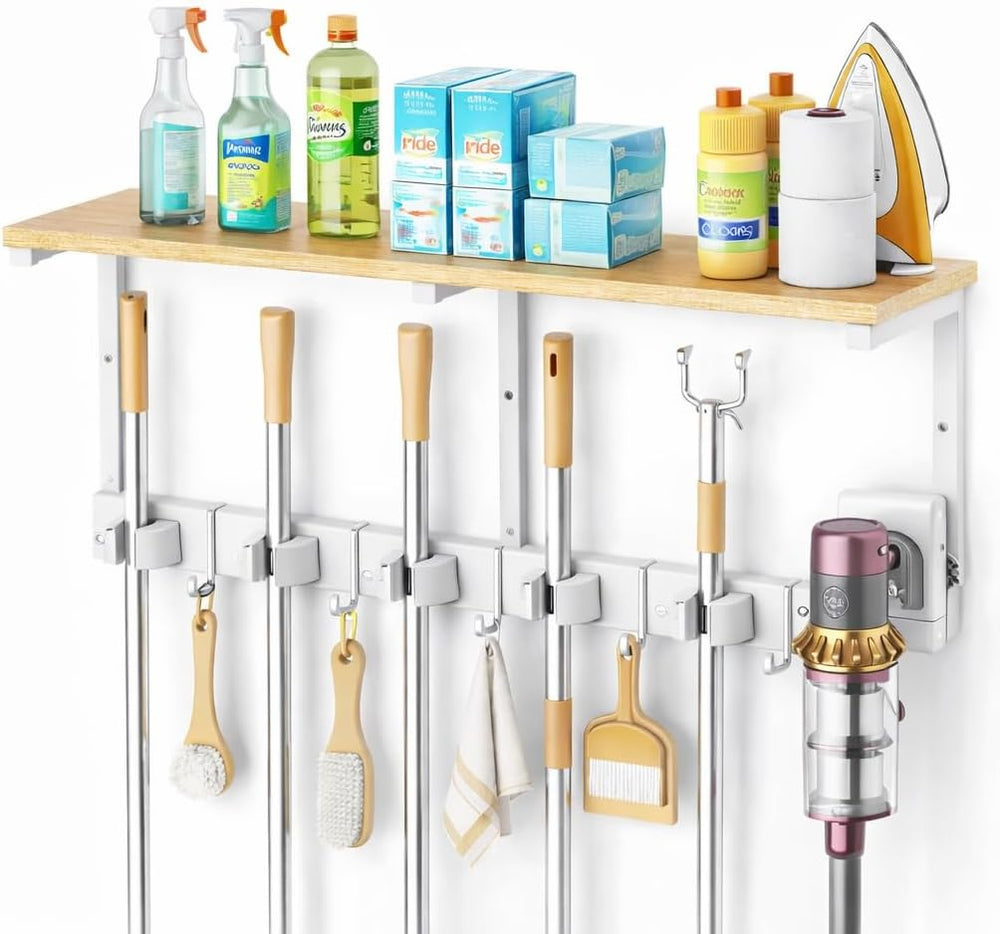 Upgraded Broom Holder Wall Mount with Shelf, Mop and Broom Organizer Wall Han...