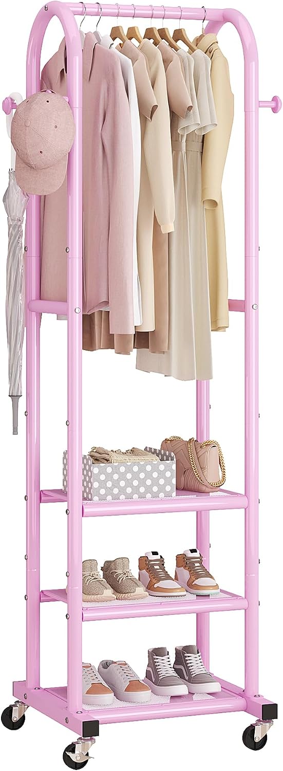 Dttwacoyh Clothing Rack with Wheels,Narrow Metal Garment Rack,Pink