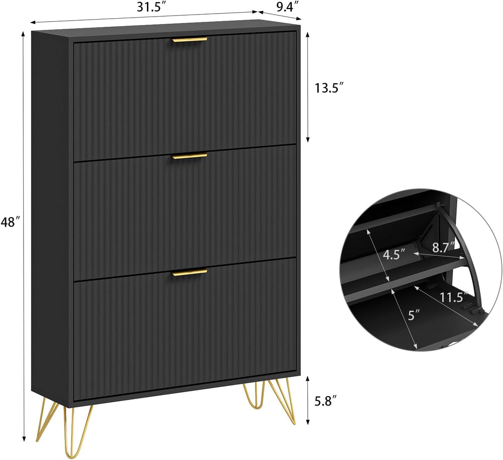 Fluted Shoe Cabinet with 3 Flip Drawers, Gold Handle and Metal Legs, Black丨Fl...