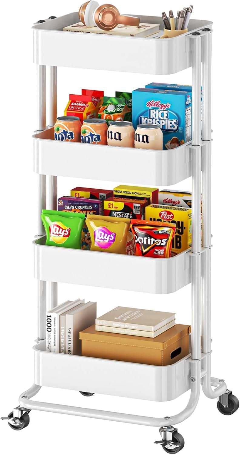 Pipishell 4 Tier Metal Rolling Utility Cart with 2 Lockable Wheels, White