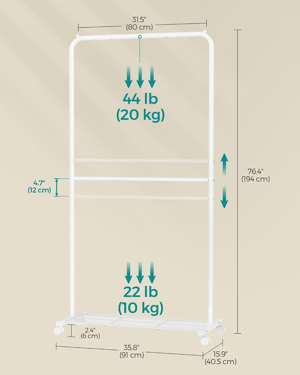SONGMICS Clothes Rack with Wheels, Metal Garment Rack, Mesh Storage Shelf
