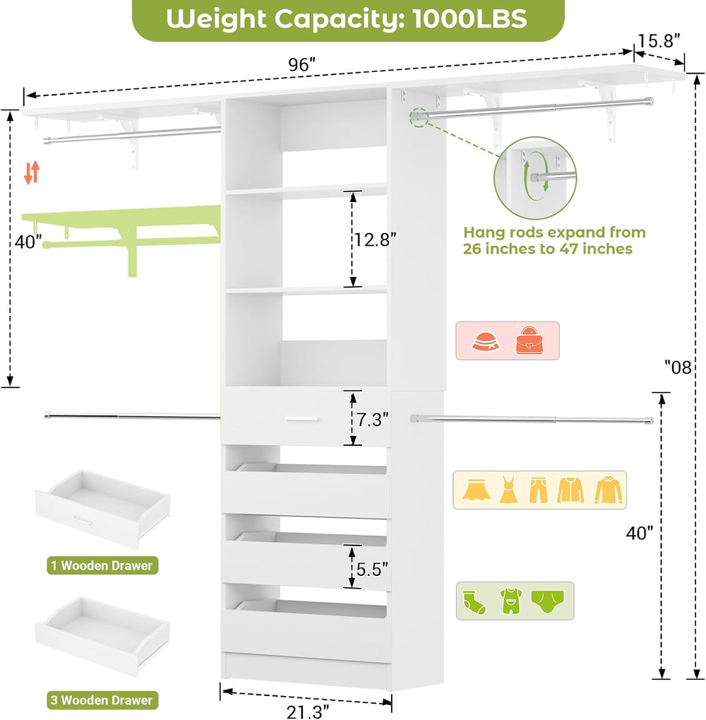 Aheaplus Closet System with 4 Drawers, 8FT Wood Closet Organizer System