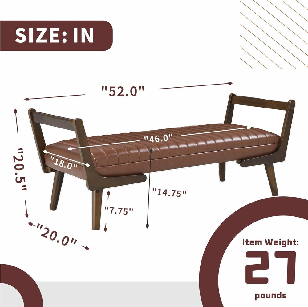 52" Upholstered Bench, Brown Faux Leather, Walnut Legs