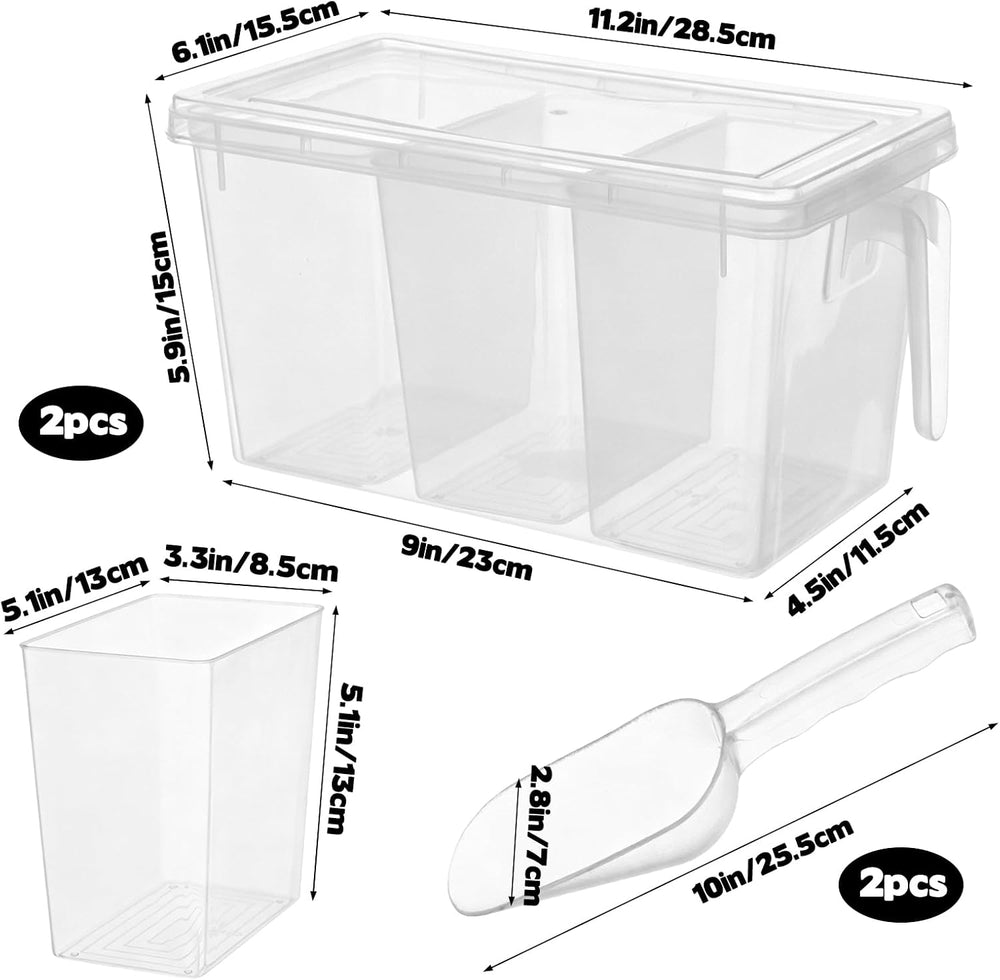 CIEOVO 2 Set 3 Divided Ice Bin for Freezer with Lid and 2 Scoop Set Plastic F...