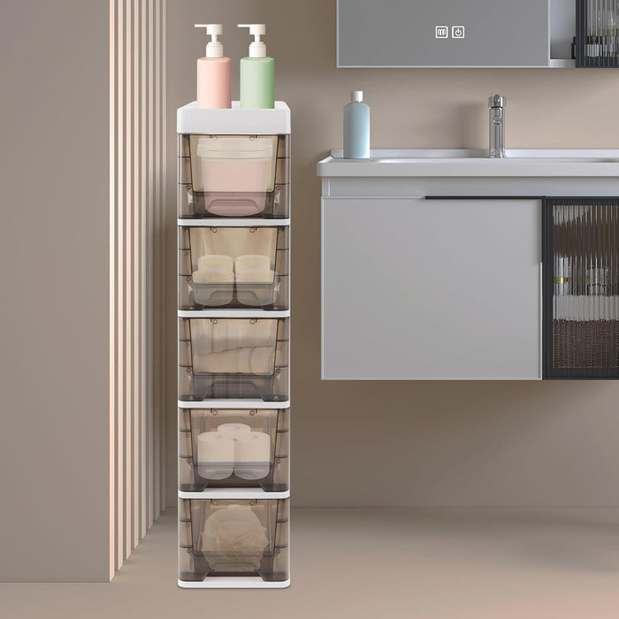 5 Drawers Storage Cabinet, Floor Standing Cabinet with Top Notch Storage Space, Rolling Narrow Cabinet with Drawer and Wheel, for Toilet, Kitchen, Bathroom (White+ Clear Black)