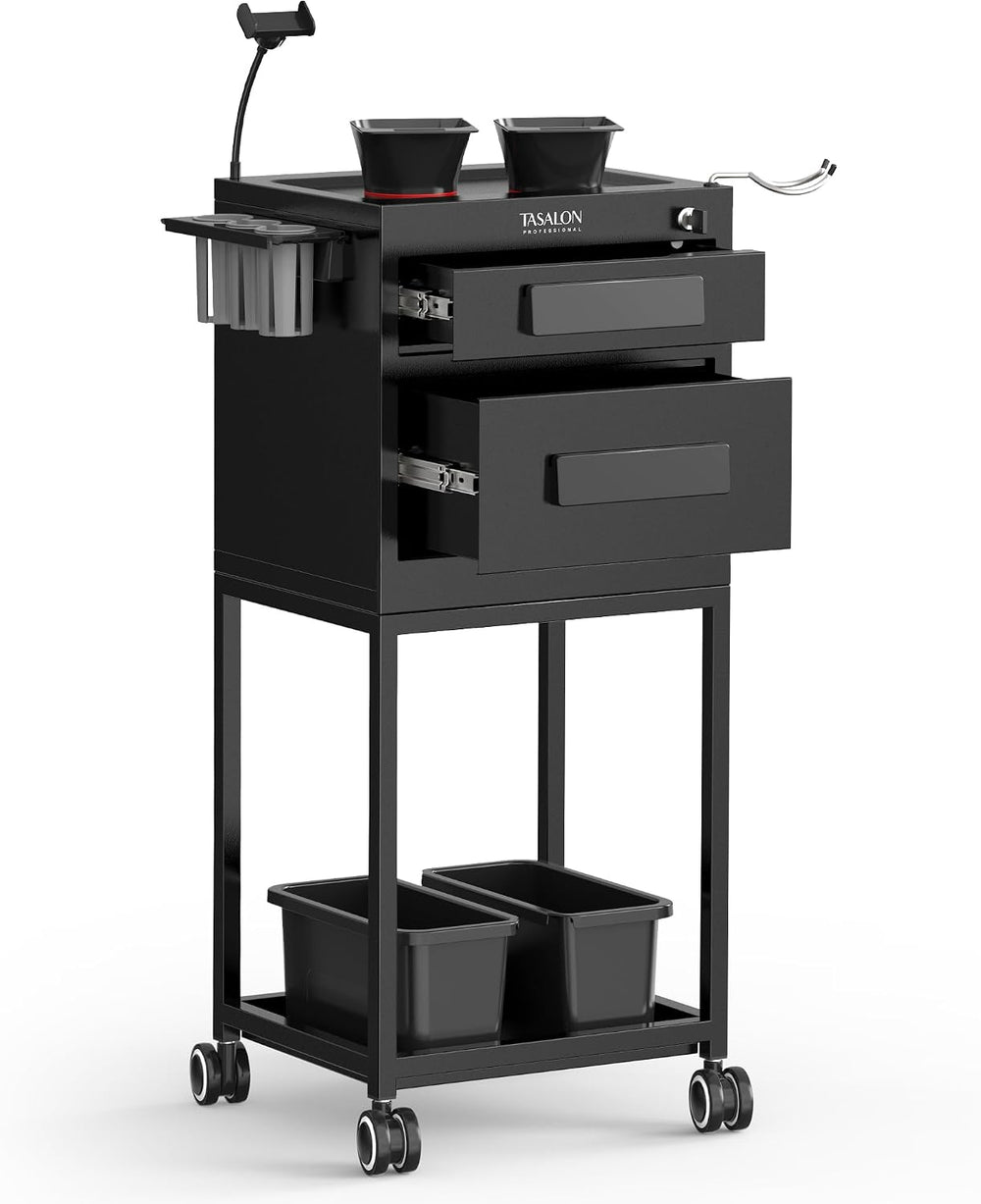 TASALON Metal Salon Trolley Cart with Wheels, 2 Drawers & 2 Magnetic Bowls
