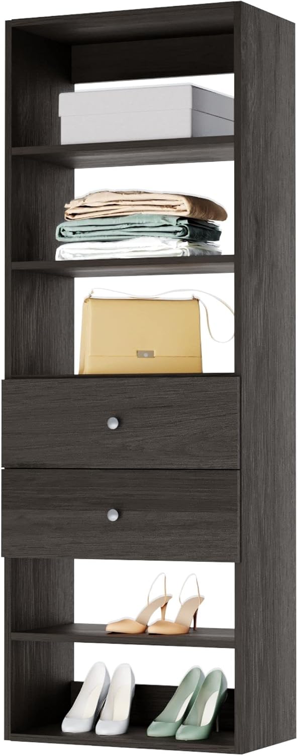 Closet Shelves Tower - Modular Closet System with Drawers (2) - Corner Closet System - Closet Organizers and Storage Shelves (Grey, 25.5 inches Wide) Closet Shelving
