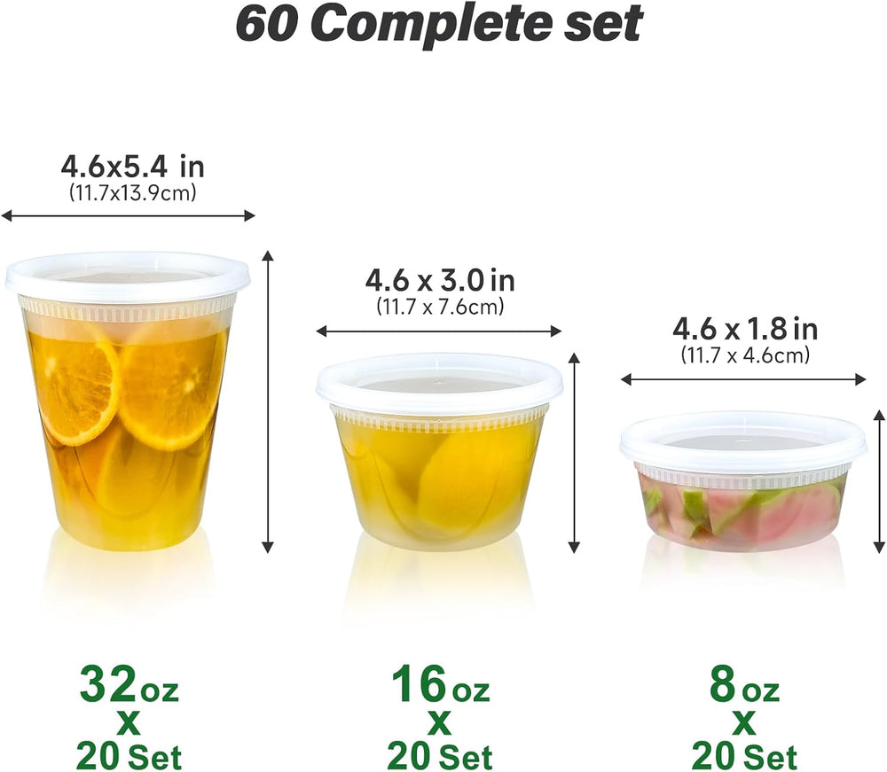 Dealusy 60 Set Deli Containers with Lids, 32/16/8 oz X 20 Set Each
