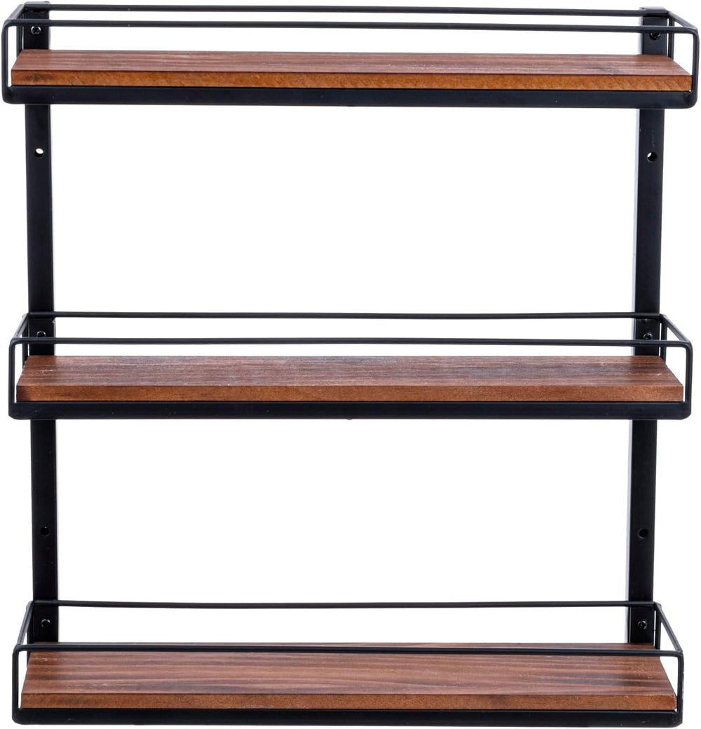 MyGift 3 Tier Spice Rack, Black Metal & Burnt Wood Wall Shelf