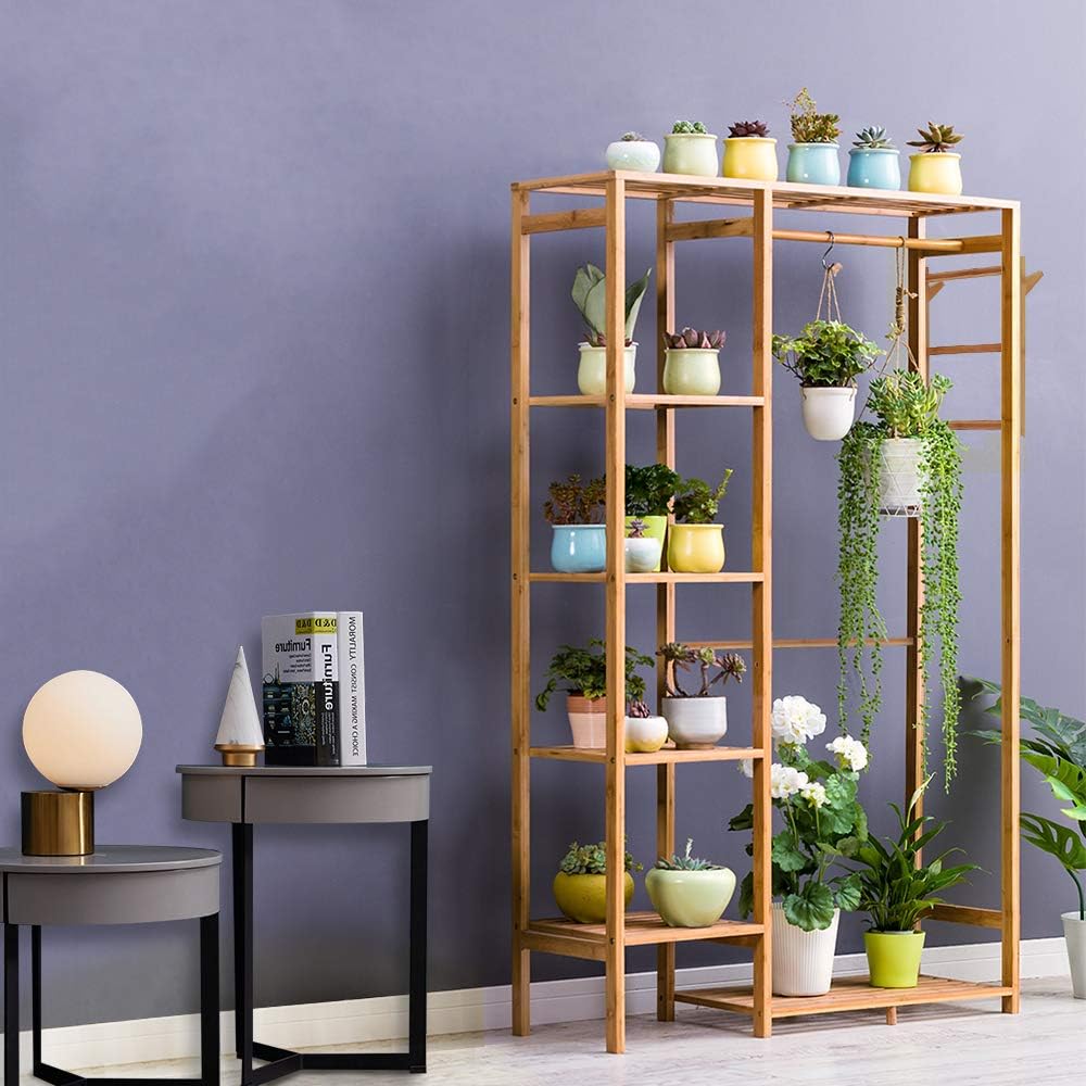 Ufine Bamboo Garment Rack with 6 Tier Storage Shelves & Hanging Rod