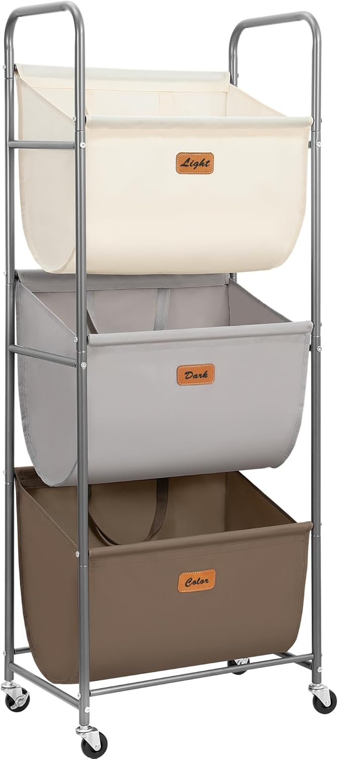 STORAGE MANIAC 120 Liters Vertical Rolling Laundry Hamper, 3 Section Laundry ...