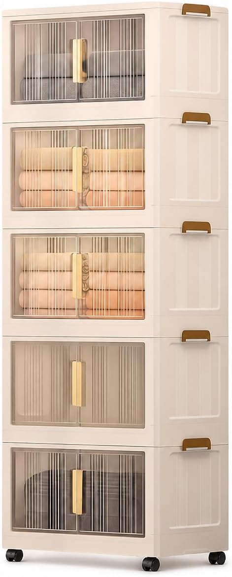 Storage Bins with Lids, 5 Tier 425 QT Stackable Plastic Storage Bins, Foldable Storages Boxes with Magnetic Doors and Wheels for Clothes, Snacks, Books, Folding Containers for Home Office