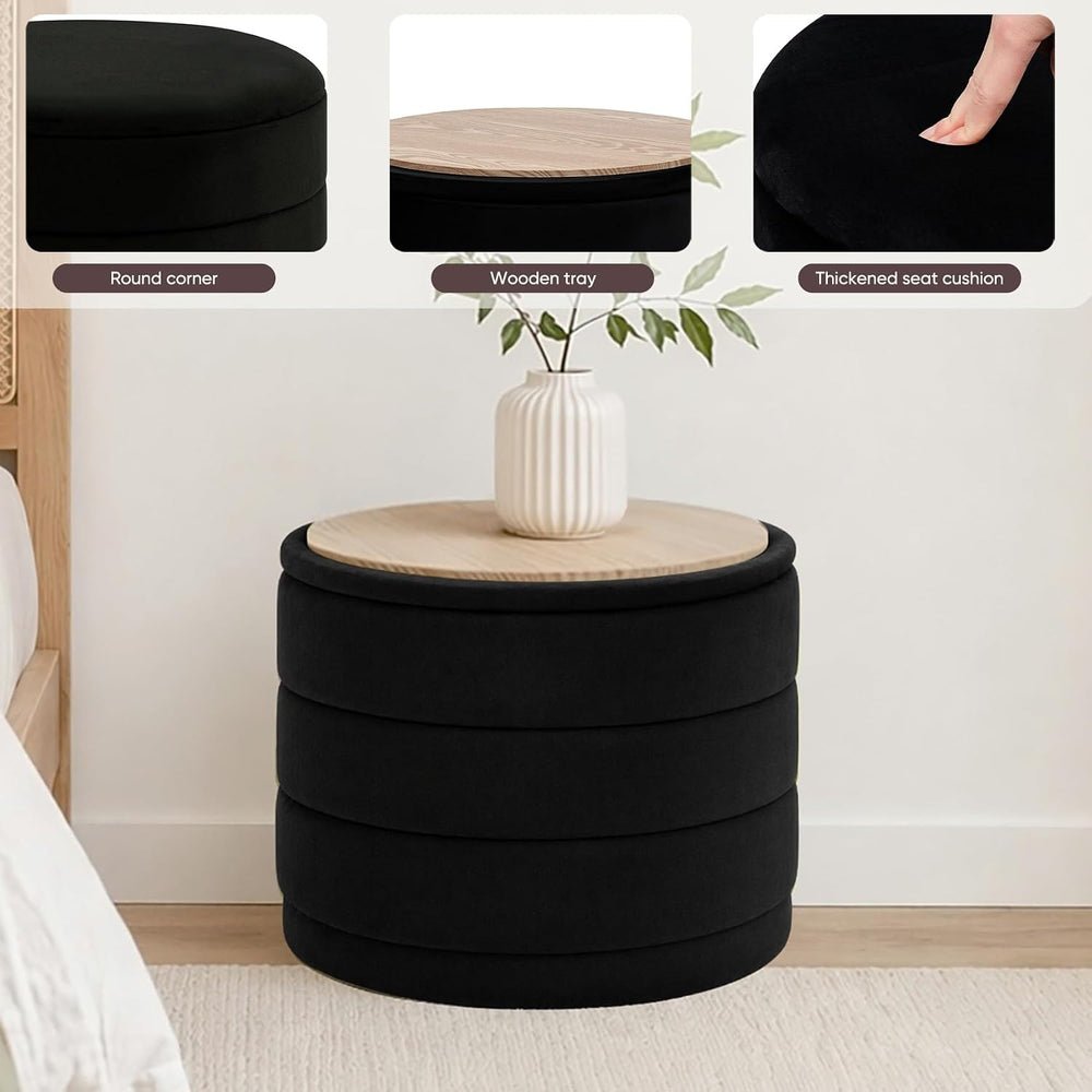 23" Round Velvet Storage Ottoman with Tray