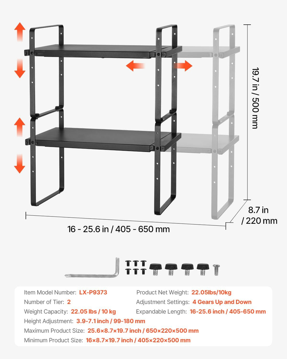 VEVOR Adjustable Kitchen Cabinet Shelf Organizer, Expandable 2 Tier Cabinet S...