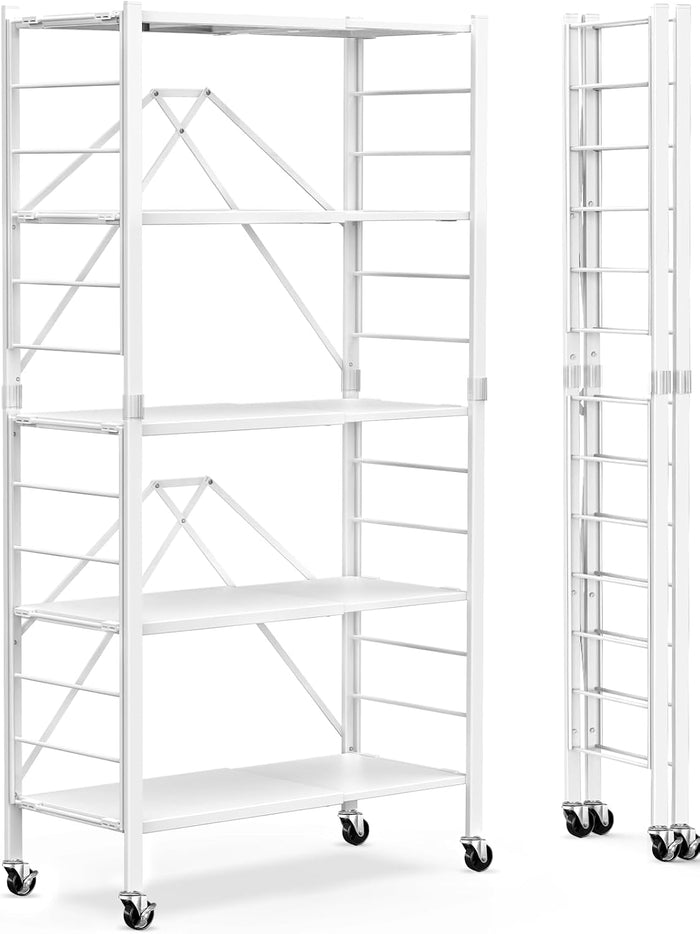 Himix 5-Tier Foldable Storage Shelves with Wheels Expandable Kitchen White