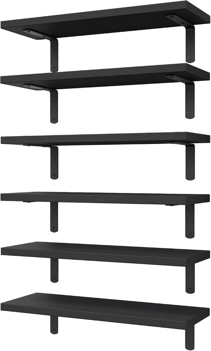 WOPITUES Floating Shelves Set of 6 for Wall Decor & Storage, Black