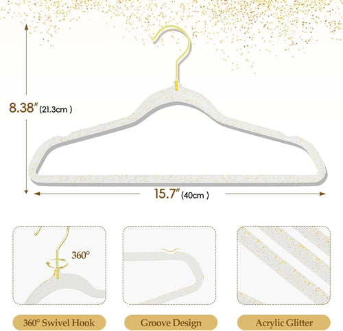 clear acrylic hangers with gold glitter, space saving shown in use