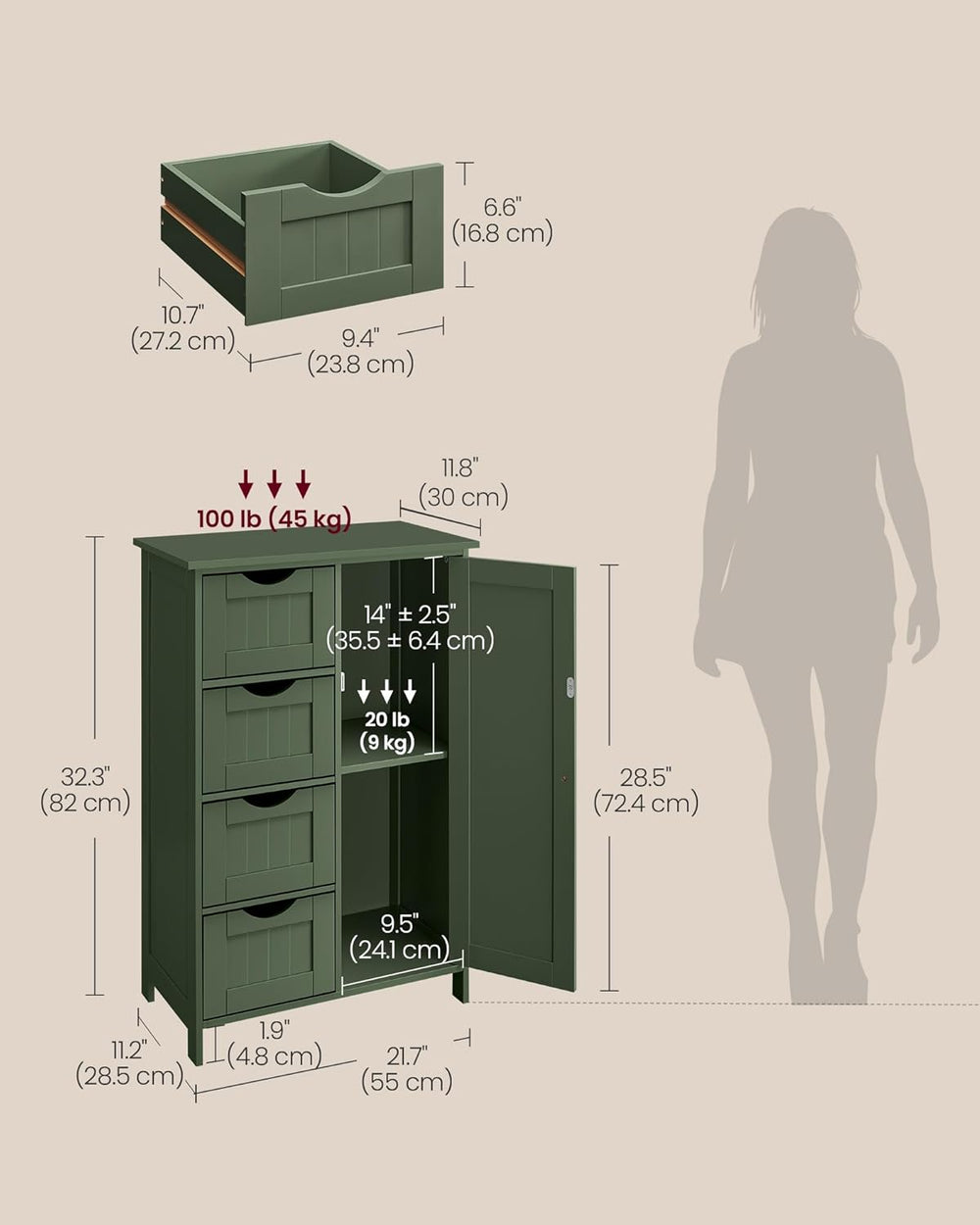 VASAGLE Floor Storage Cabinet, Farmhouse, 4 Drawers and 1 Door,32.3" H