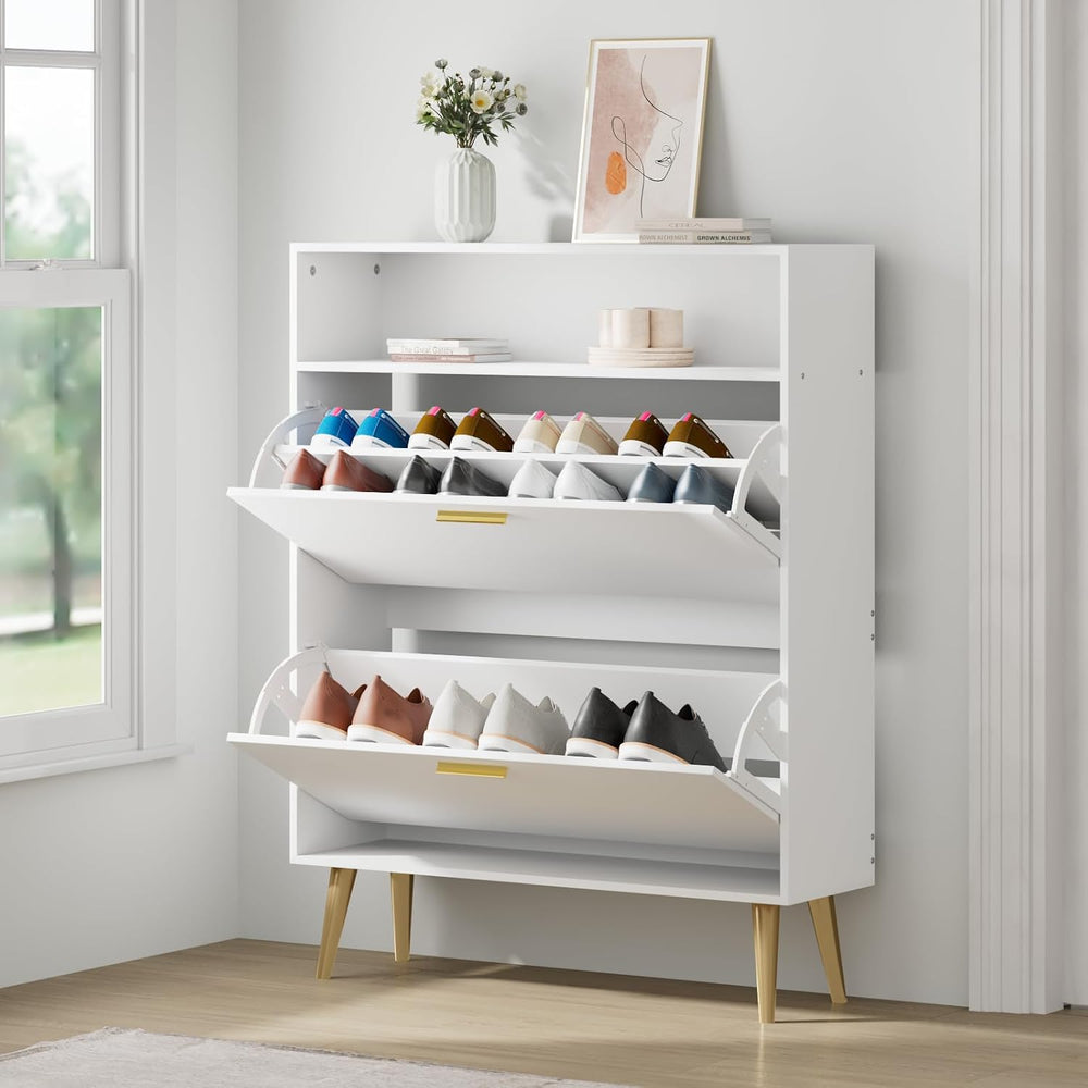 JOZZBY Shoe Storage Cabinet with 2 Flip Drawers and Open Shelves, White, 2PCS...