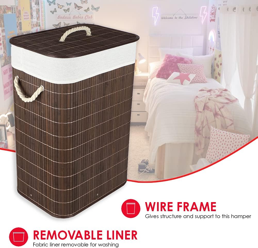 Home Basics Durable Foldable Bamboo Laundry Basket Hamper | Rectangular | Rem...