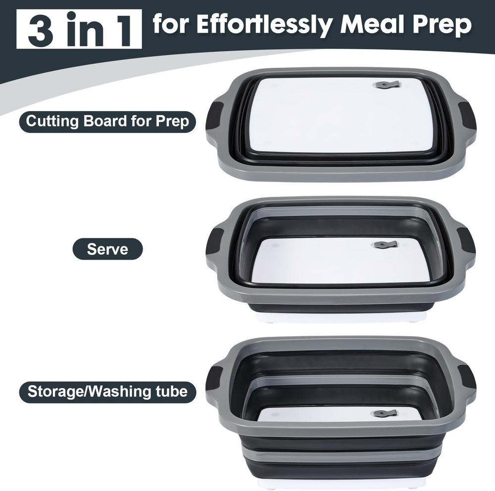TANOSHII 3-Piece Collapsible BBQ Prep Tubs with Lids and Built-in Cutting Boa...