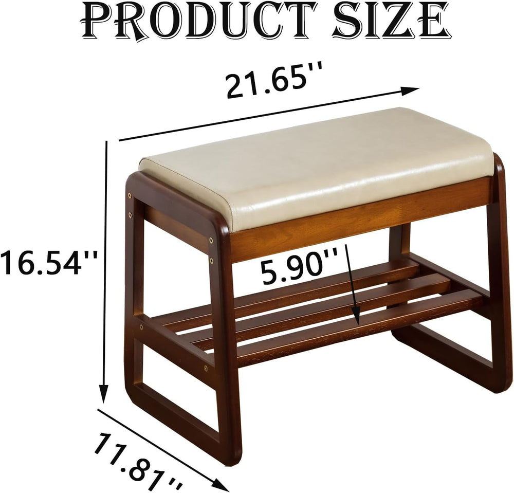latifolia Solid Wood Bench, Entryway Shoe Bench with Cushion, 2 Tier Shoe Sto...