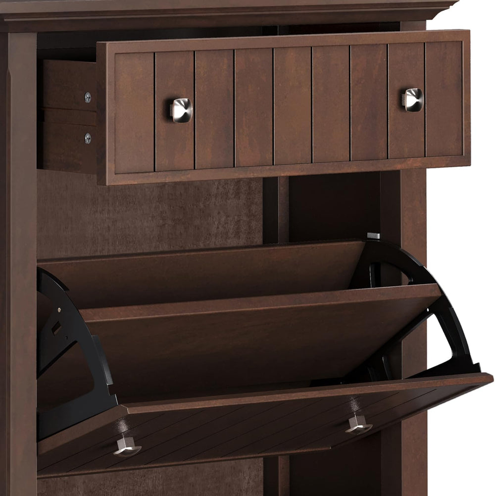 SIMPLIHOME Acadian Storage Bench and Shoe Cabinet Set in Brunette Brown