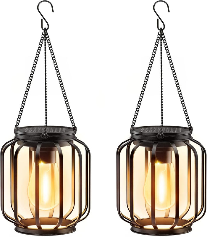 Solar Hanging Lanterns Outdoor: 2 Pack Metal Solar Hanging Lights with Hook, Bright - Warm Waterproof LED Lanterns for Outside, Classic Decorative Solar-Powered Light for Yard Garden Patio Porch Decor