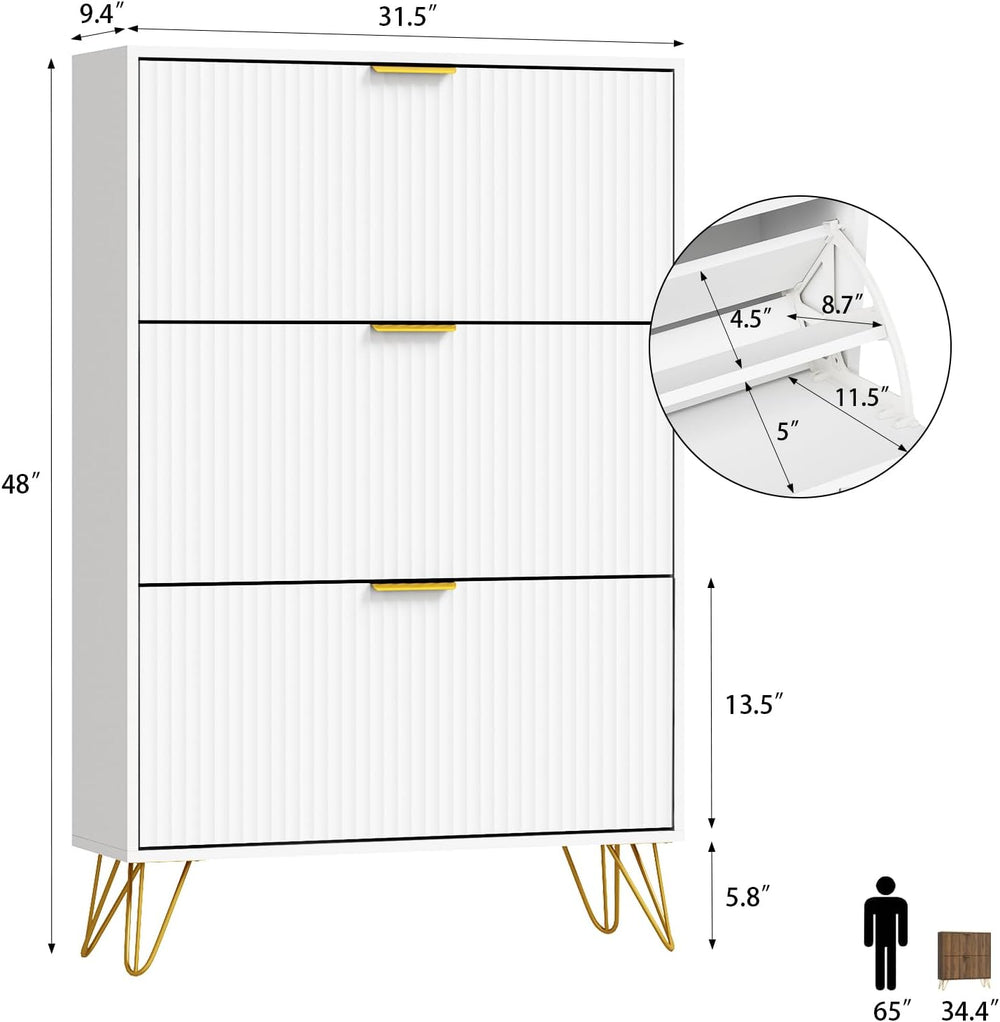 48"H Fluted Shoe Storage Cabinet with 3 Flip Drawers for Entryway, White