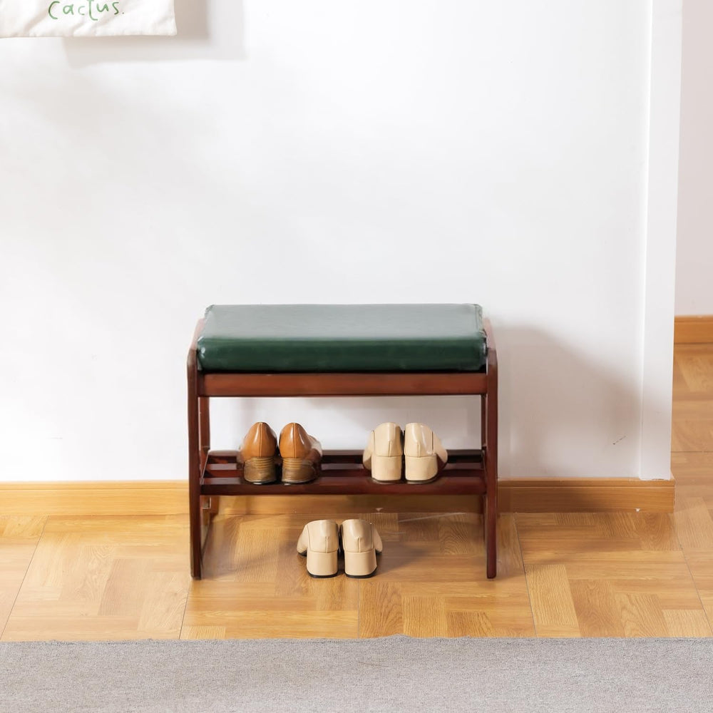 latifolia Solid Wood Bench, Entryway Shoe Bench with Cushion, 2 Tier Shoe Sto...
