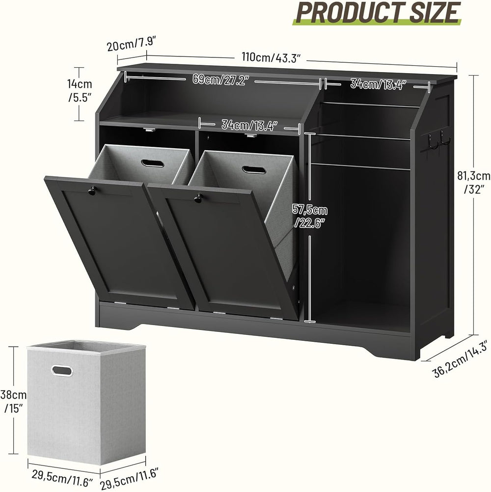 43.3" Laundry Hamper Cabinet, Double Tilt-Out Laundry Hamper with 4 Hook...