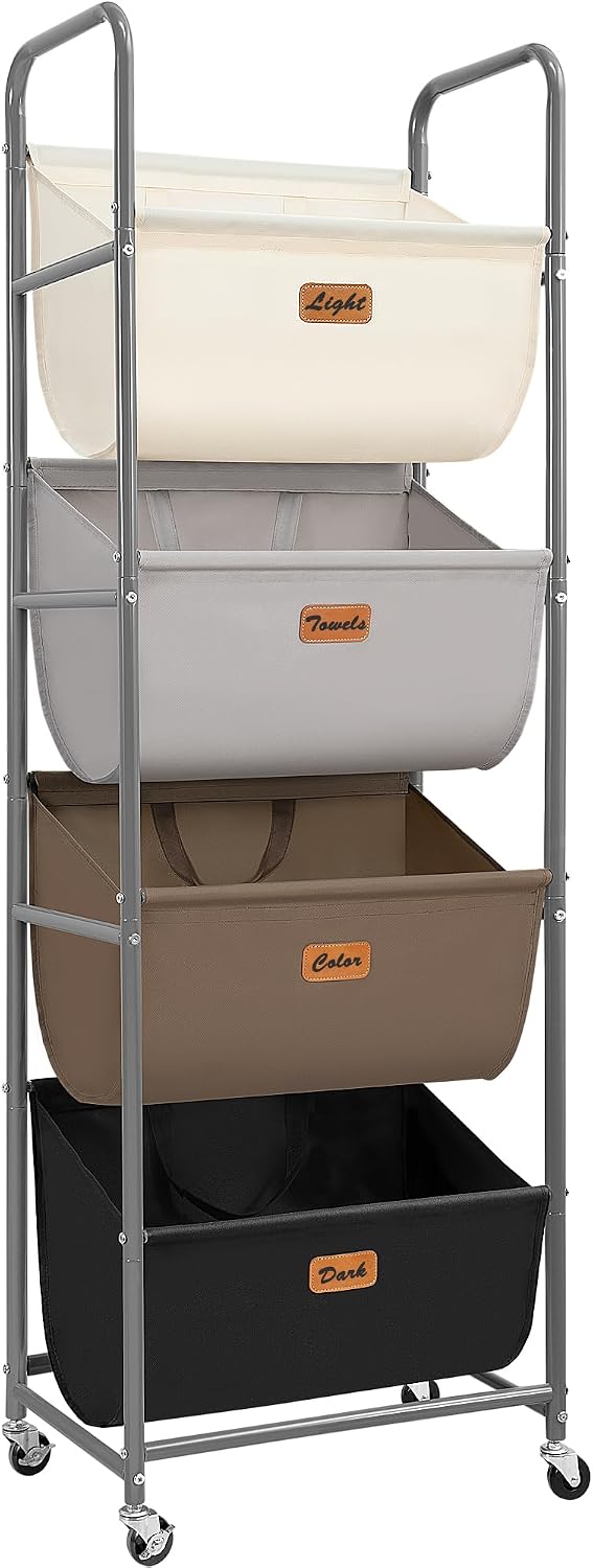 STORAGE MANIAC Vertical Rolling Laundry Hamper, 4 Section Laundry Sorter with...