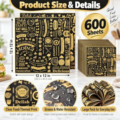 Outus 600 Pcs 12 x 12 Inch Deli Wax Paper Sheets, Black,Yellow