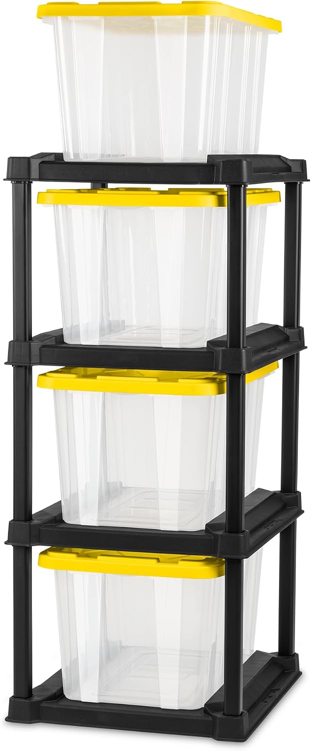 Sterilite 4-Tier Tote Rack & 4-Pack 27 Gallon Storage Box, Shelf and Tote...