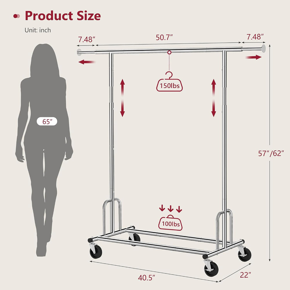 Tajsoon Clothes Rack Collapsible, Rolling Clothing Rack Heavy Duty, Chrome