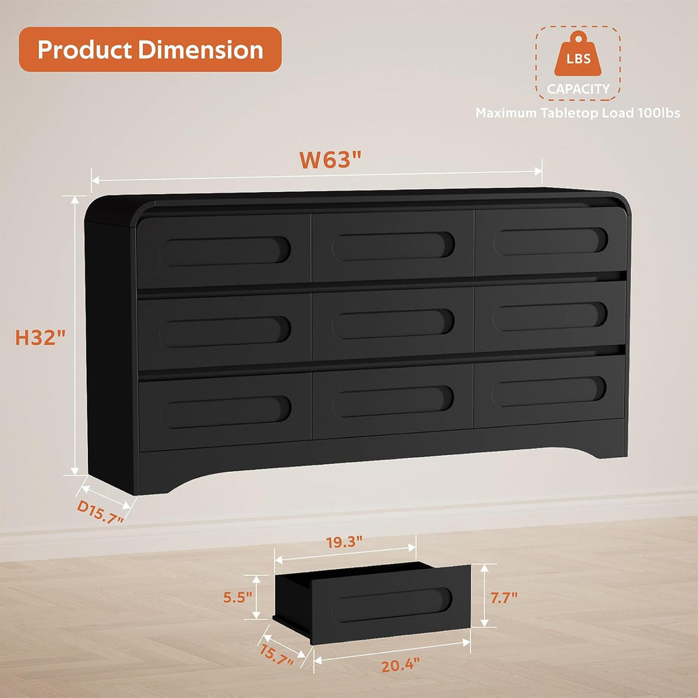 Dresser for Bedroom with 9 Drawers, 63" Large Modern Dressers, Black