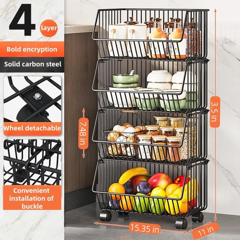 4 Tier Stackable Metal Wire Storage Baskets with Wheels, Fruit Vegetable Stor...