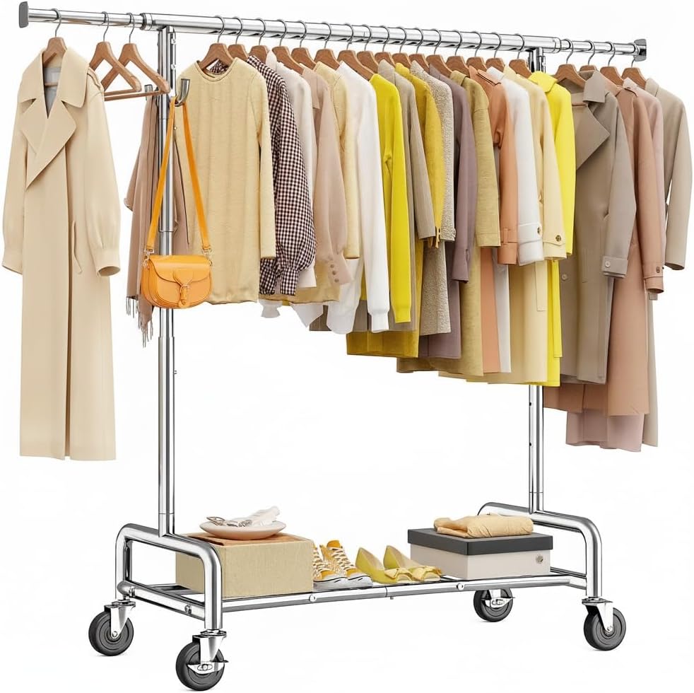 Raybee 75" Wide Clothes Rack with 4 Extra Hooks Heavy Duty Clothes Rack