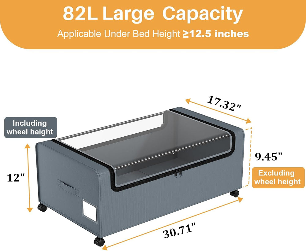 Webetop 2-Pack Under Bed Storage Bins with Wheels, 12 Inch, Clear Lid, Grey