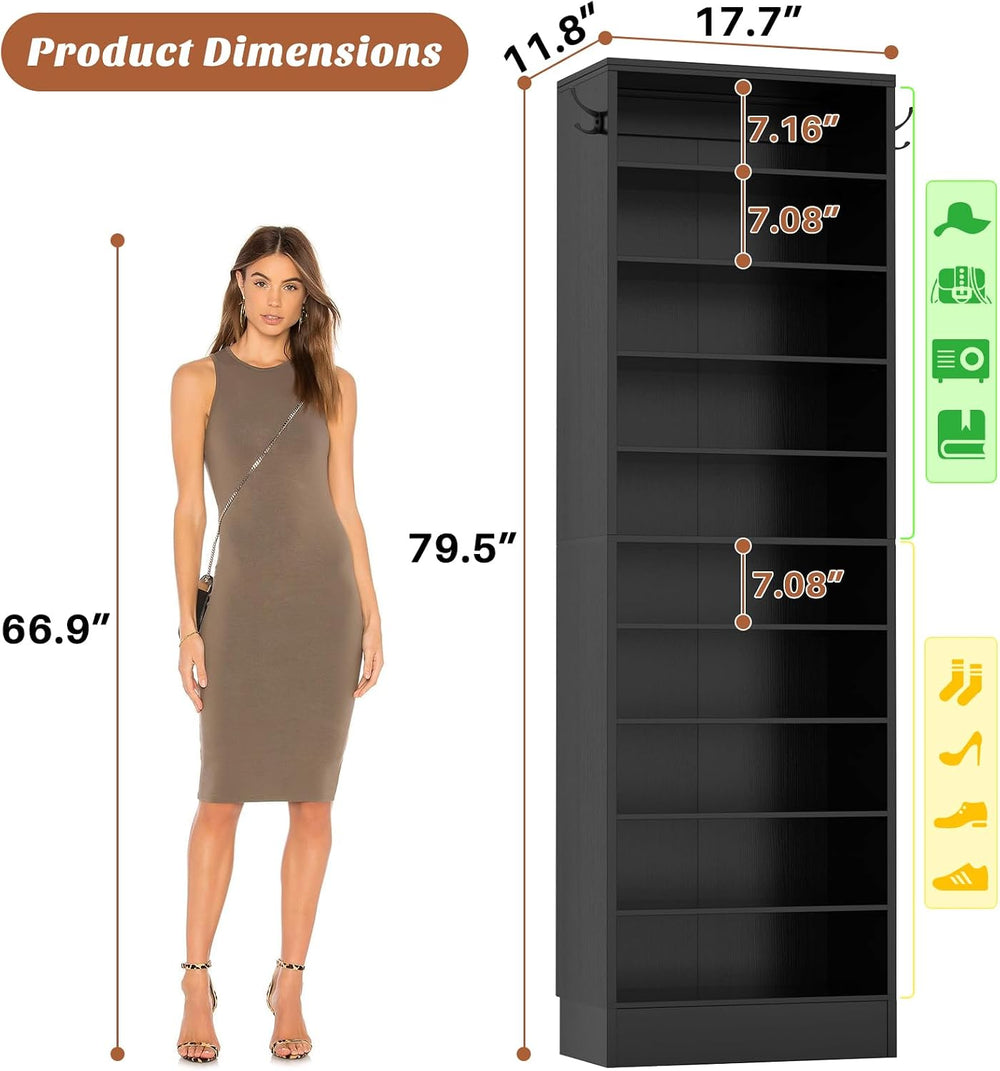 Aheaplus Tall Shoe Cabinet, 10 Tiers Narrow Wood Shoe Rack, 17.7" W, Black