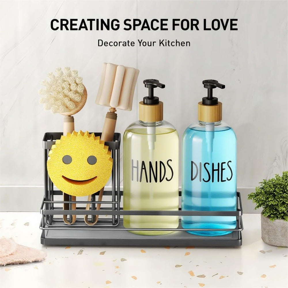 Moforoco Kitchen Dish Soap Dispenser Set, 16OZ Glass Bottle, Hand and Dish So...