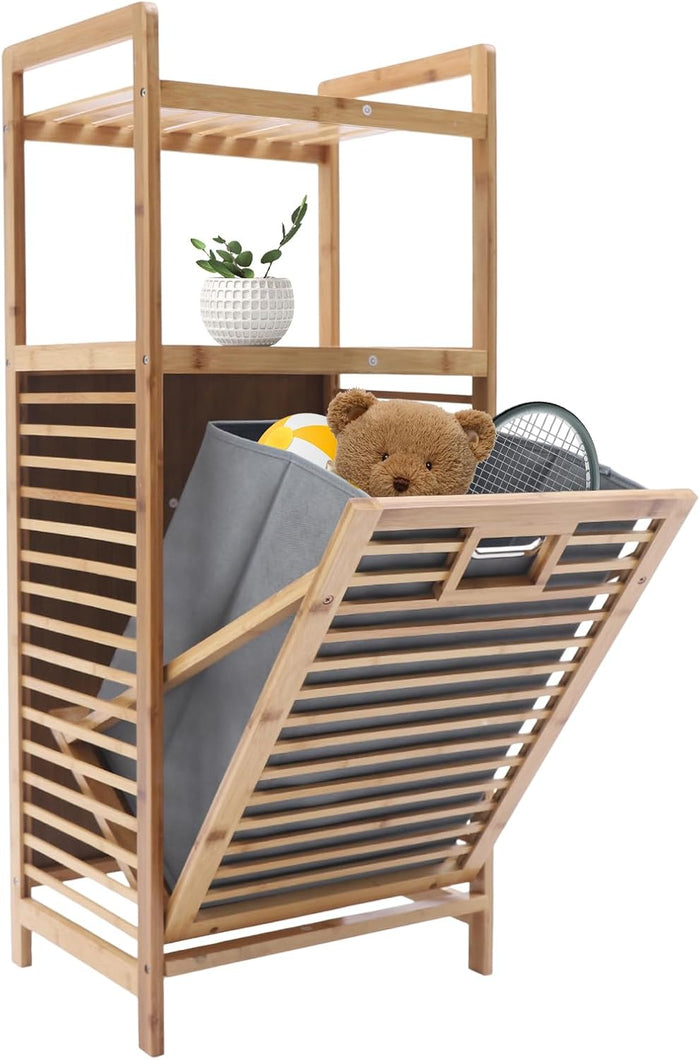 3-Tier Laundry Hamper with Shelf, Bamboo Tilt Out Laundry Hamper, Removable Clothes Basket with Easy Carry, Bamboo Tower Hamper Organizer for Laundry Room, Bathroom, Bedroom