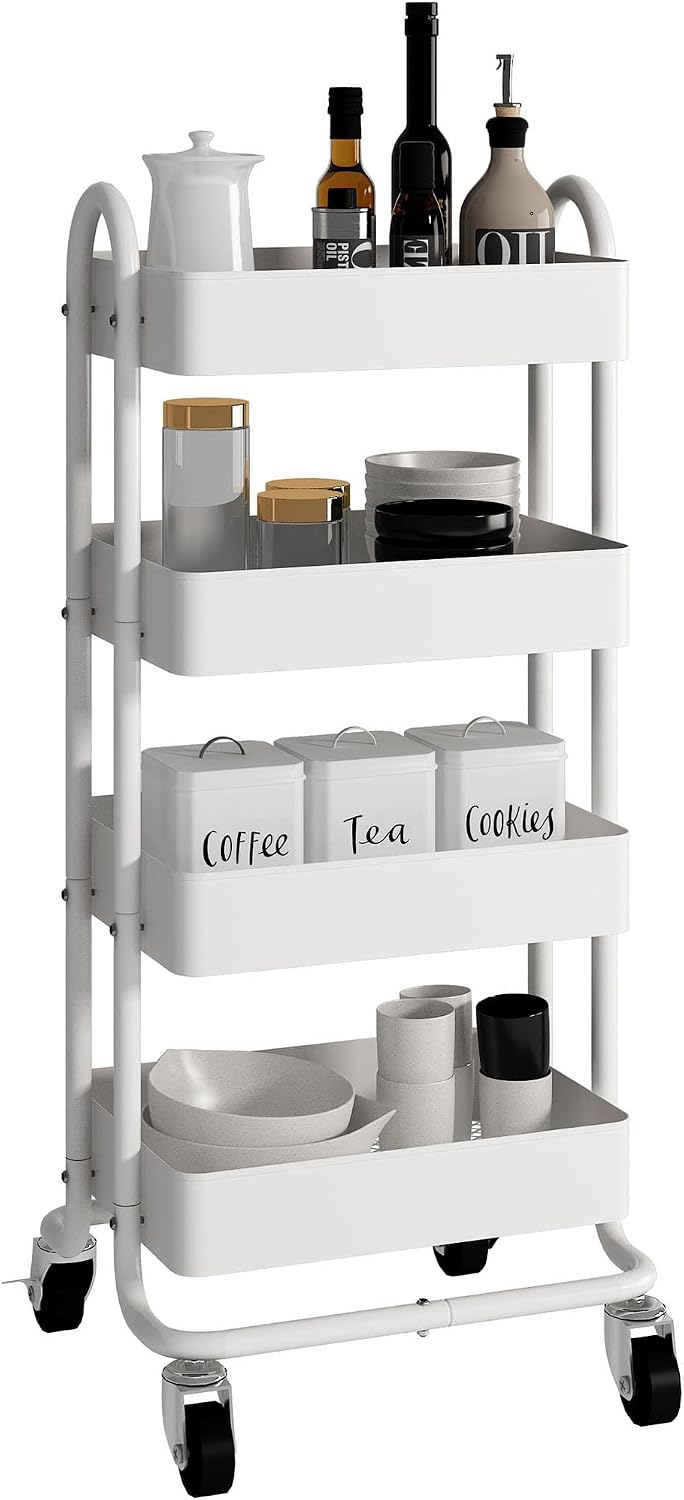 4 Tier Metal Rolling Cart with Wheels,4 Tier Utility Cart with Wheels for Off...