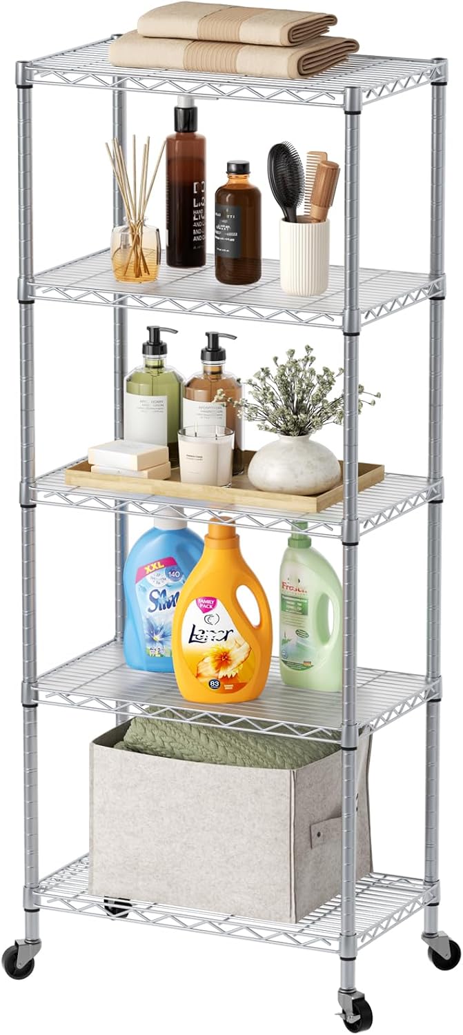 5 Shelves Storage Wire Shelf Closet Metal Shelving Pantry Wheels