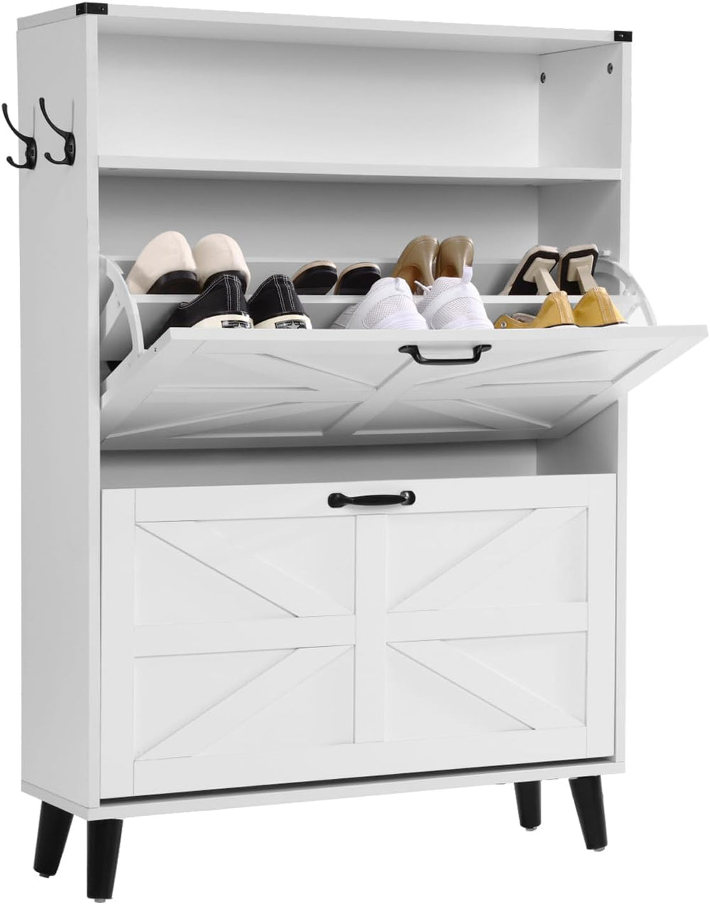Shoe Storage Cabinet with 2 Flip Drawers, Farmhouse Shoe Cabinet with Open St...